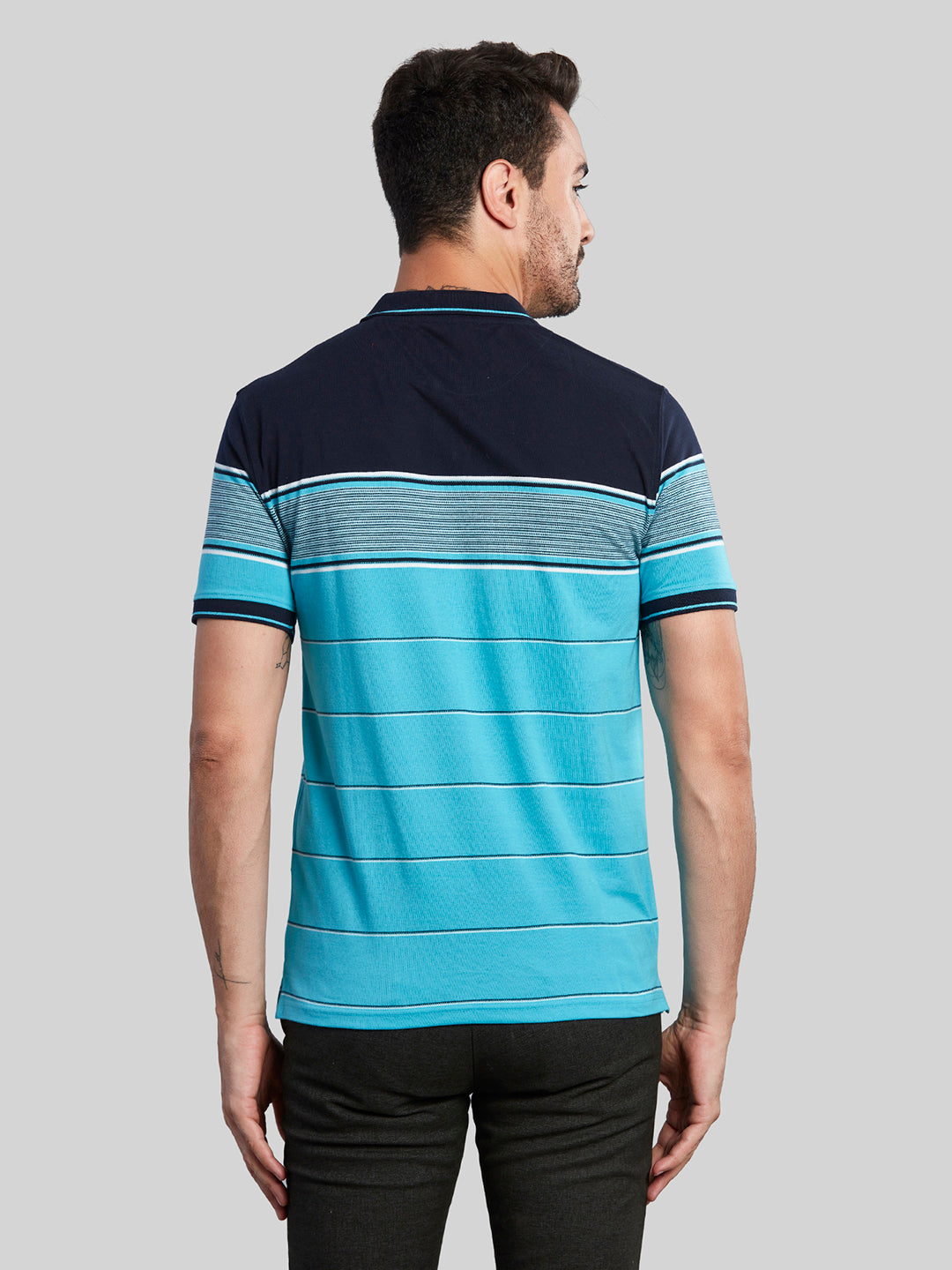 Turquoise Striped Polo Neck T-Shirt