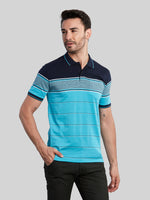 Turquoise Striped Polo Neck T-Shirt