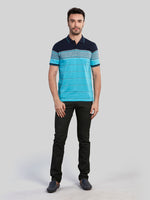 Turquoise Striped Polo Neck T-Shirt
