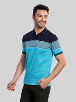 Turquoise Striped Polo Neck T-Shirt