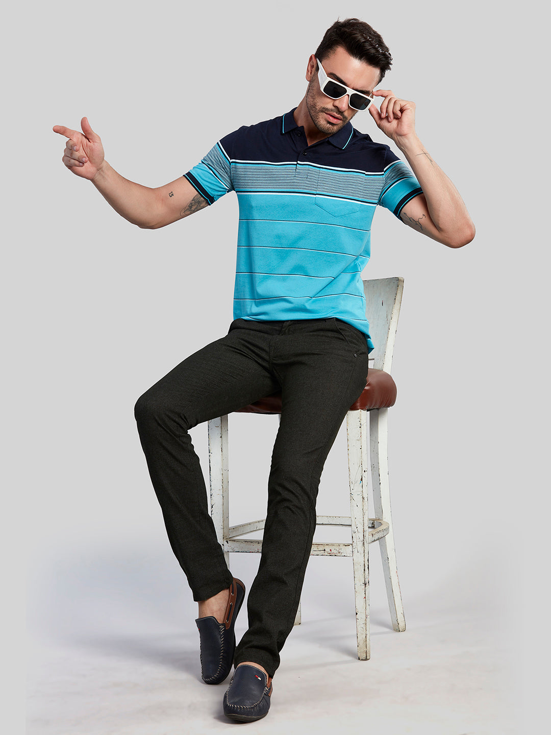 Turquoise Striped Polo Neck T-Shirt