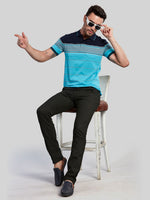 Turquoise Striped Polo Neck T-Shirt