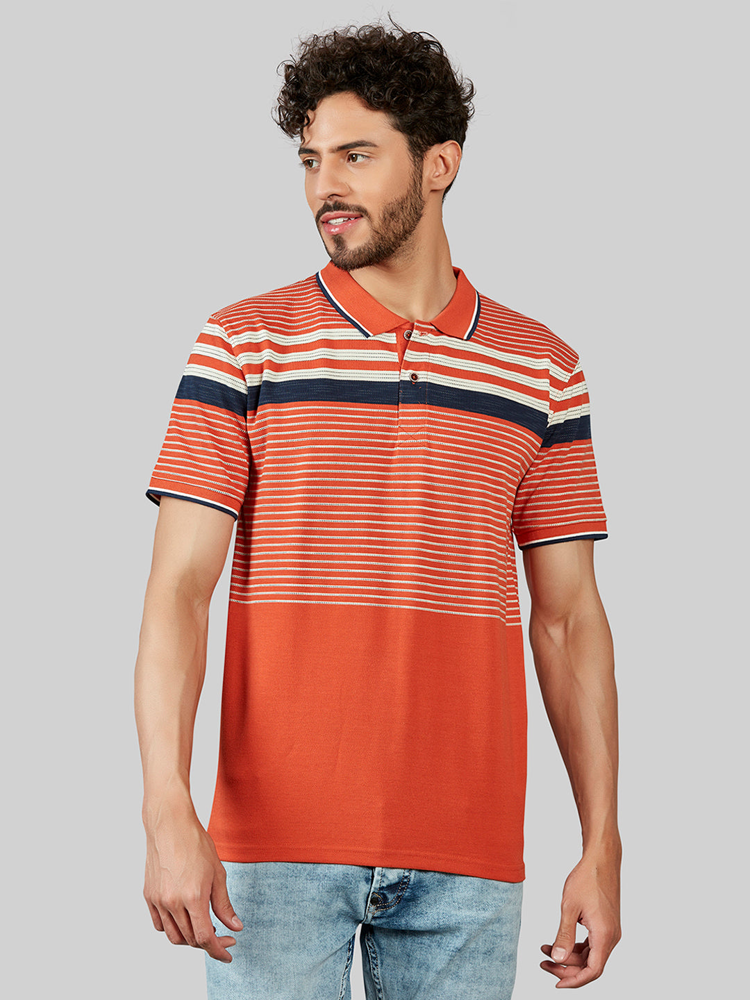 Rust Striped Polo Neck T-Shirt