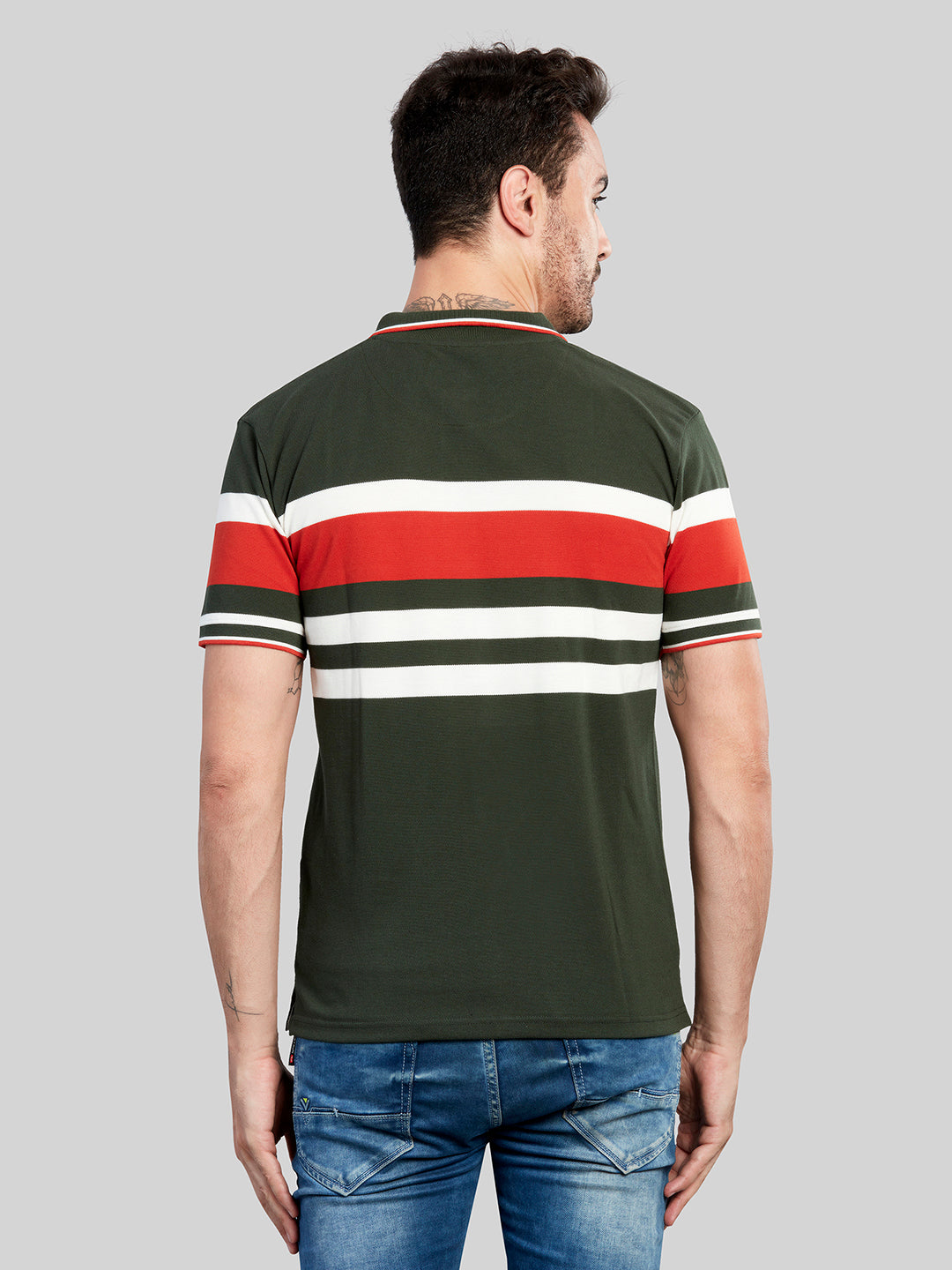 Green Striped Polo Neck T-Shirt