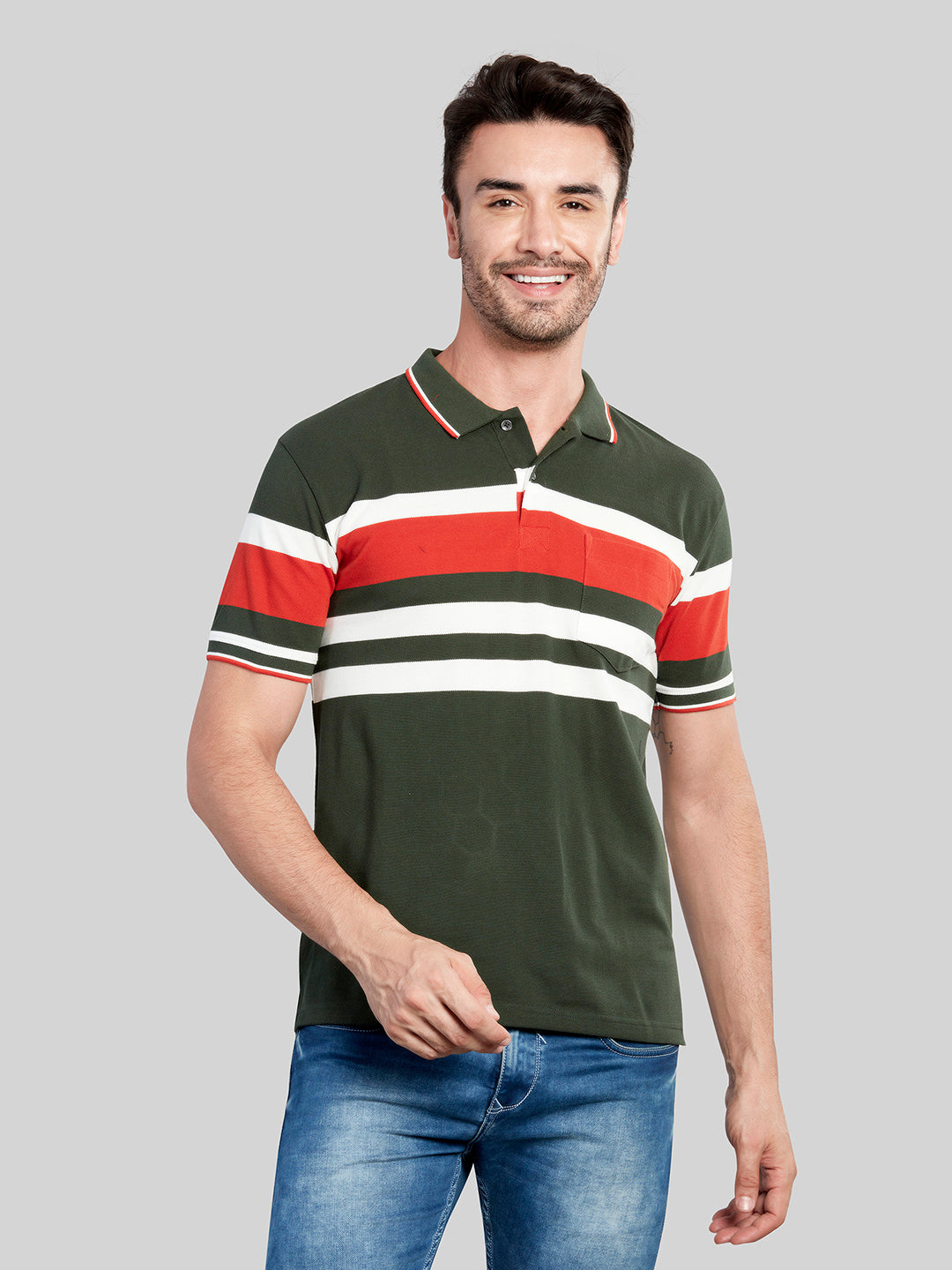 Green Striped Polo Neck T-Shirt