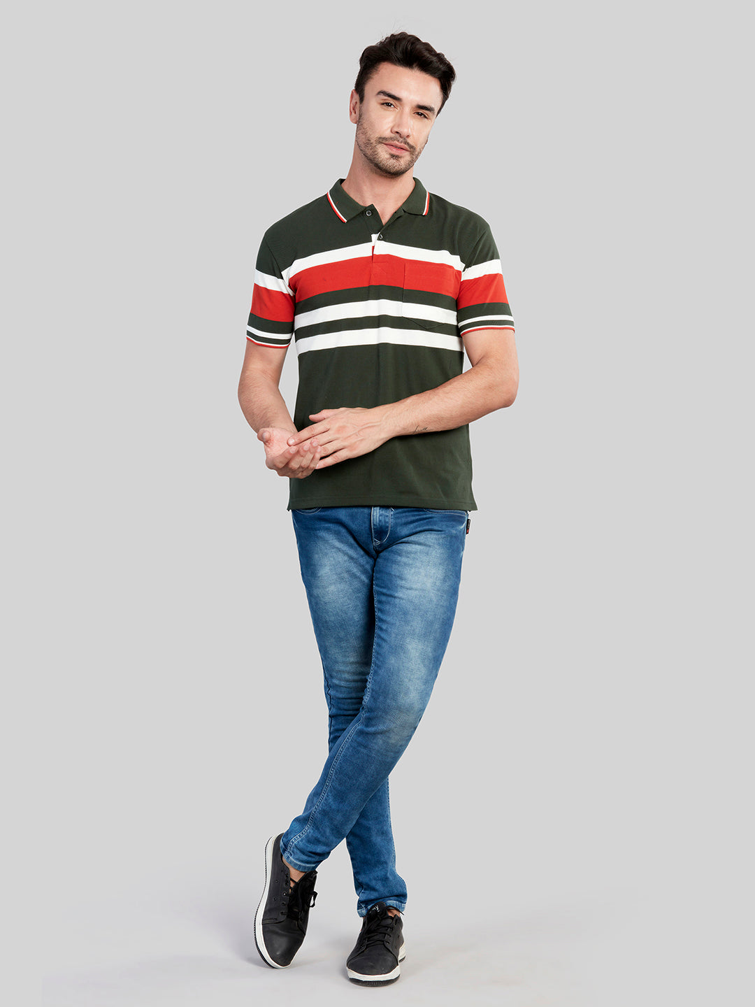 Green Striped Polo Neck T-Shirt