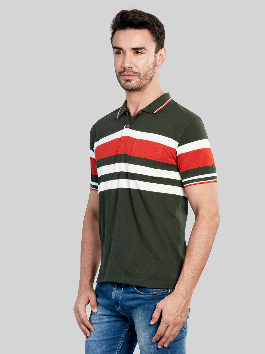 Green Striped Polo Neck T-Shirt
