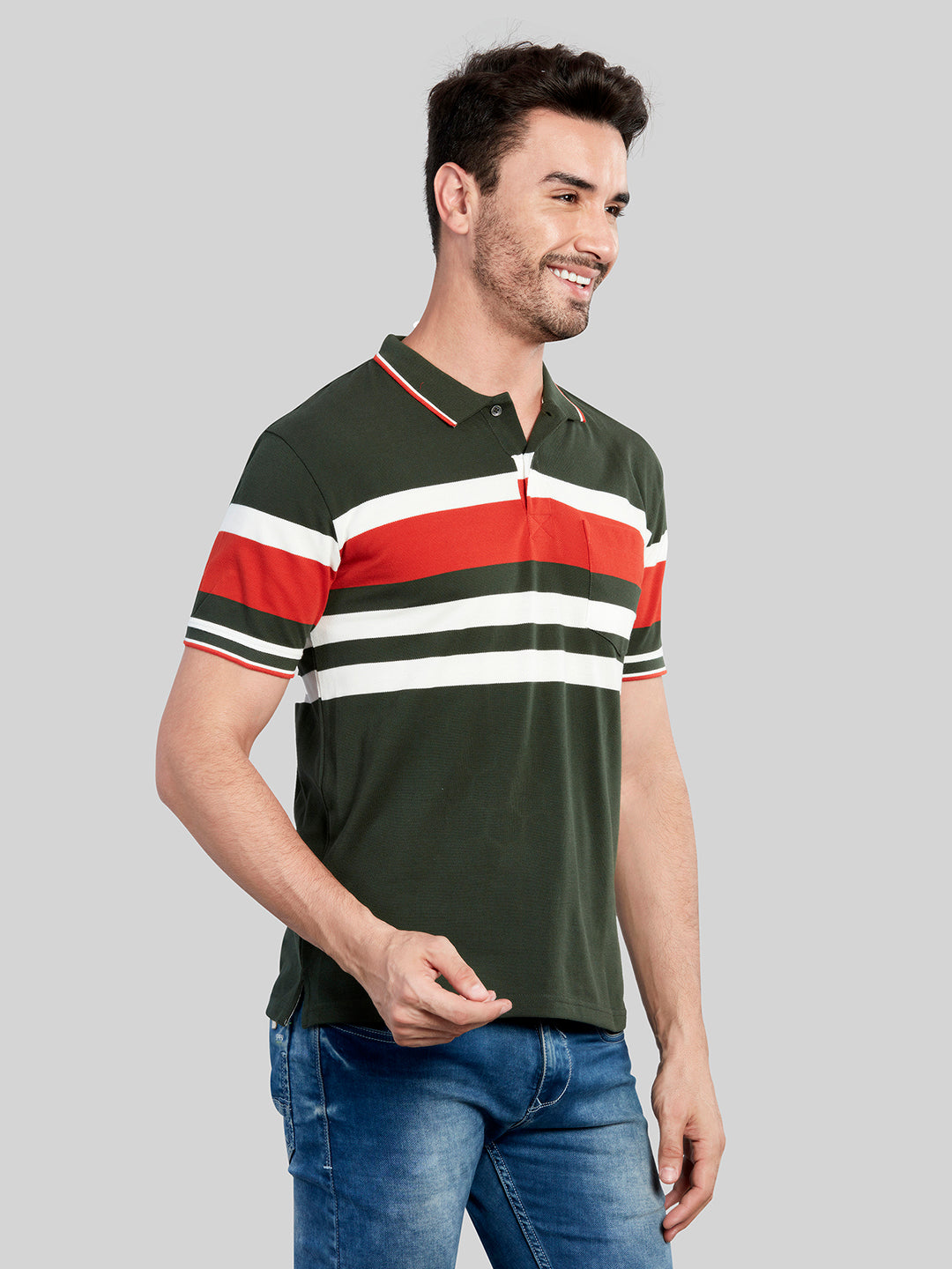 Green Striped Polo Neck T-Shirt