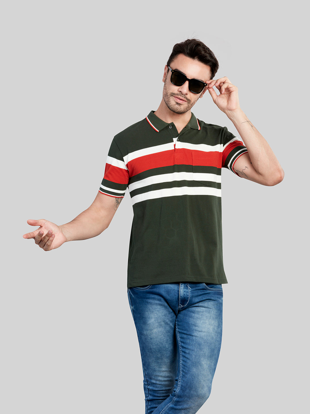 Green Striped Polo Neck T-Shirt