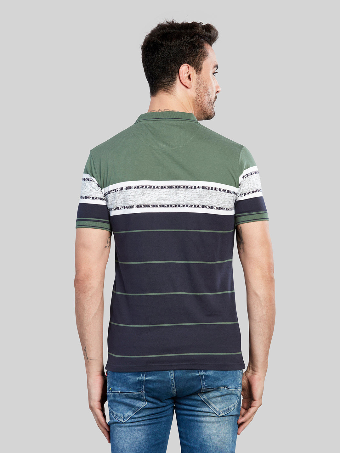 Green Striped Polo Neck T-Shirt