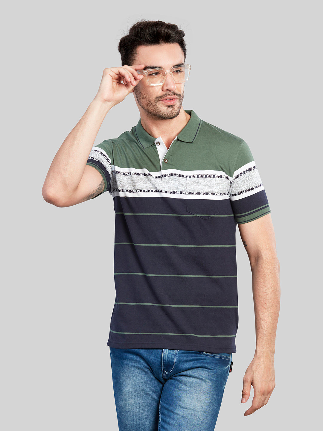 Green Striped Polo Neck T-Shirt