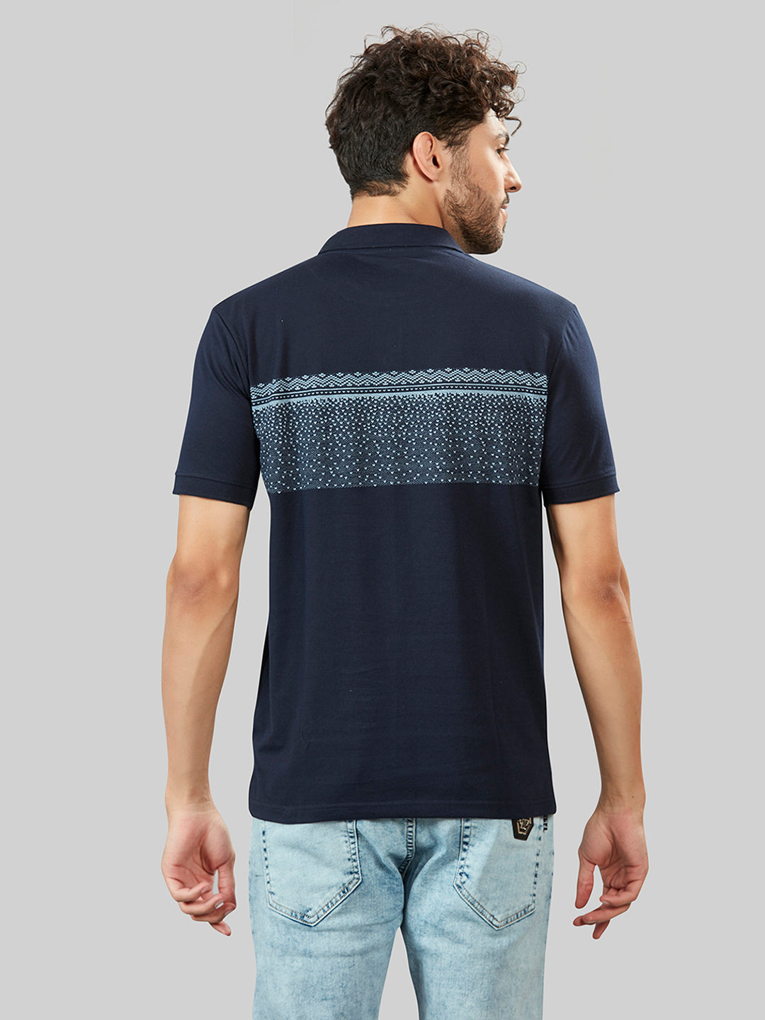 Navy Printed Polo Neck T-Shirt