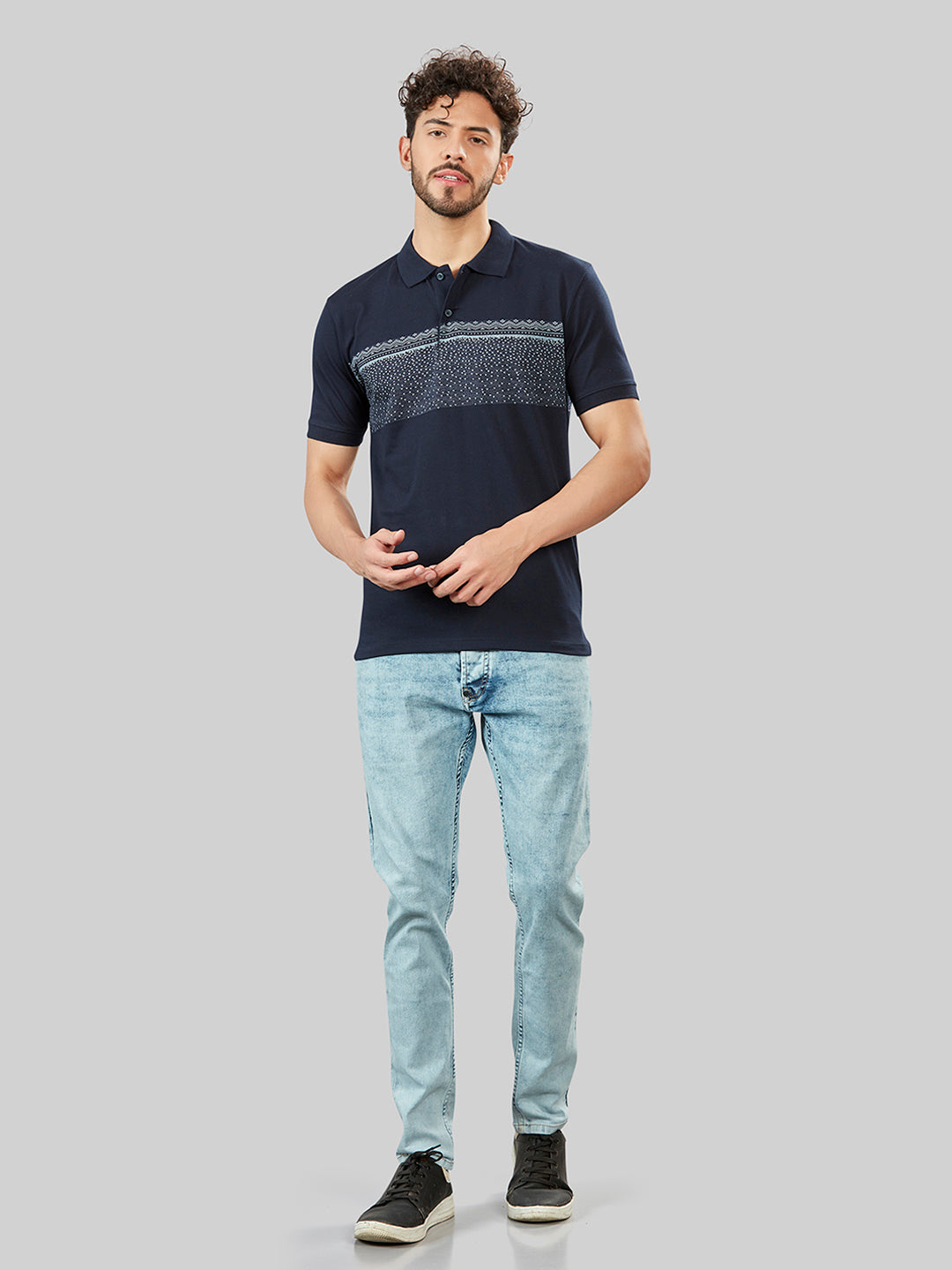 Navy Printed Polo Neck T-Shirt