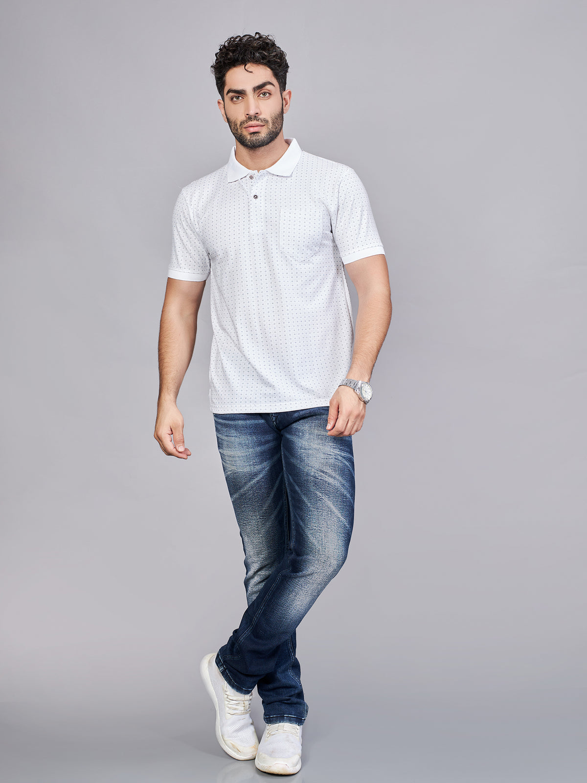 White Printed Polo Neck T-Shirt