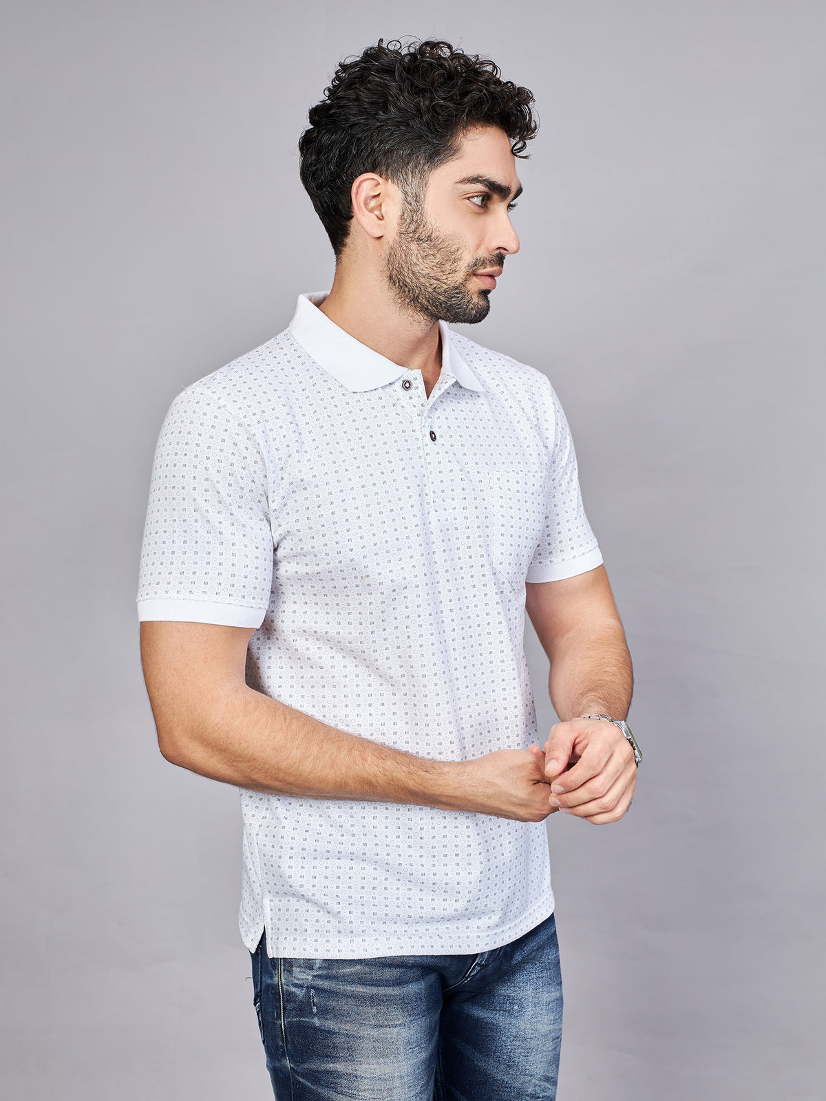 White Printed Polo Neck T-Shirt