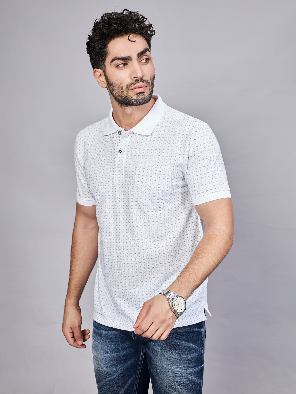 White Printed Polo Neck T-Shirt