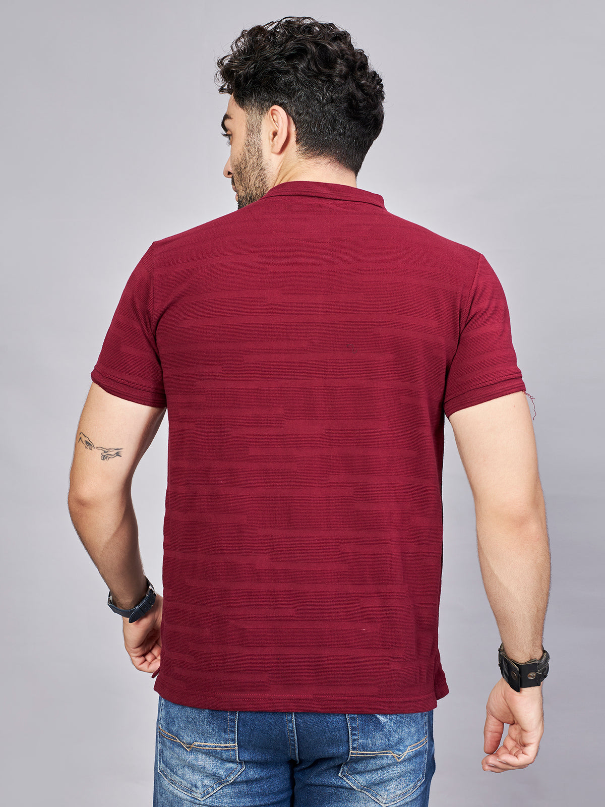 Maroon Striped Polo Neck T-Shirt