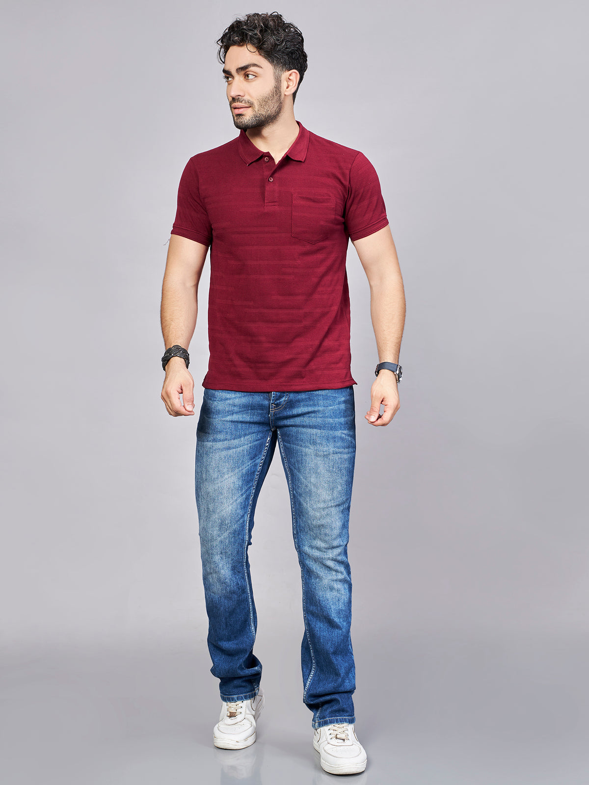 Maroon Striped Polo Neck T-Shirt
