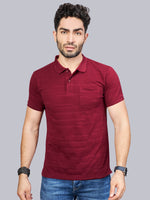 Maroon Striped Polo Neck T-Shirt