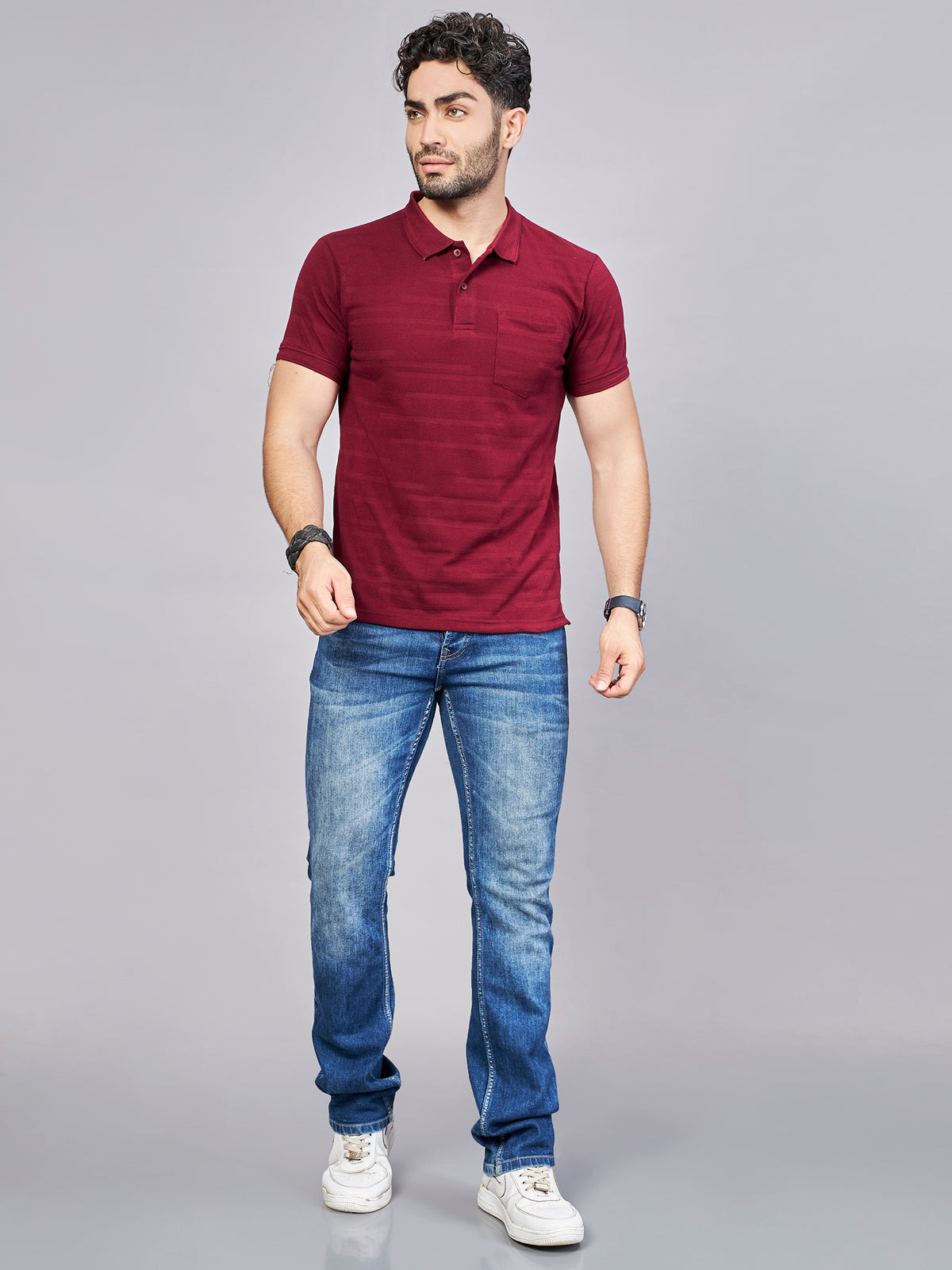 Maroon Striped Polo Neck T-Shirt