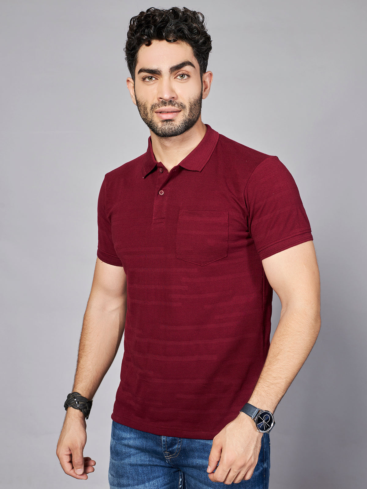 Maroon Striped Polo Neck T-Shirt