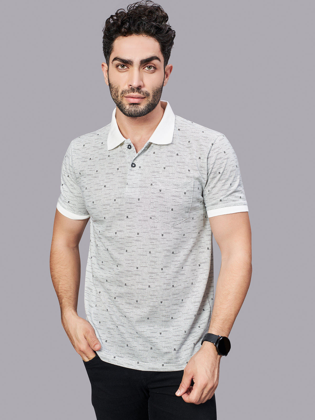 Off White All Over Printed Polo Neck T-Shirt