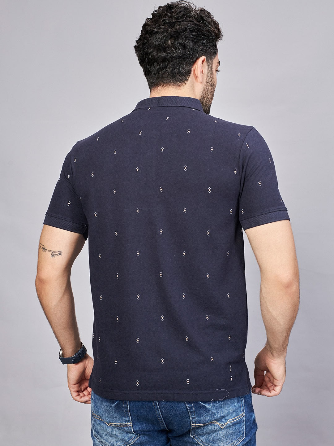 Navy All Over Printed Polo Neck T-Shirt