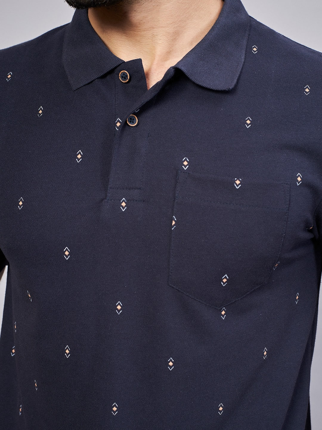 Navy All Over Printed Polo Neck T-Shirt