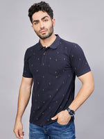Navy All Over Printed Polo Neck T-Shirt