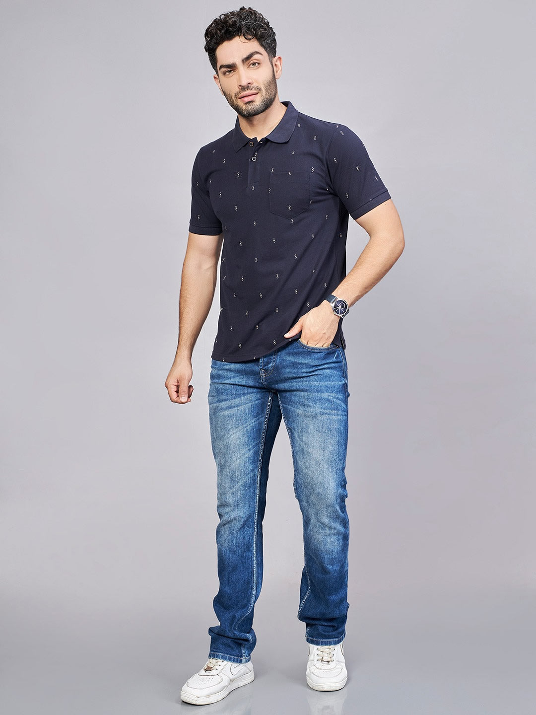 Navy All Over Printed Polo Neck T-Shirt