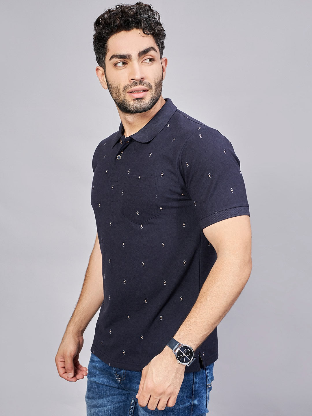 Navy All Over Printed Polo Neck T-Shirt