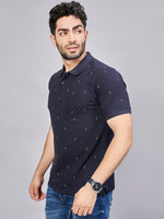 Navy All Over Printed Polo Neck T-Shirt