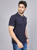 Navy All Over Printed Polo Neck T-Shirt