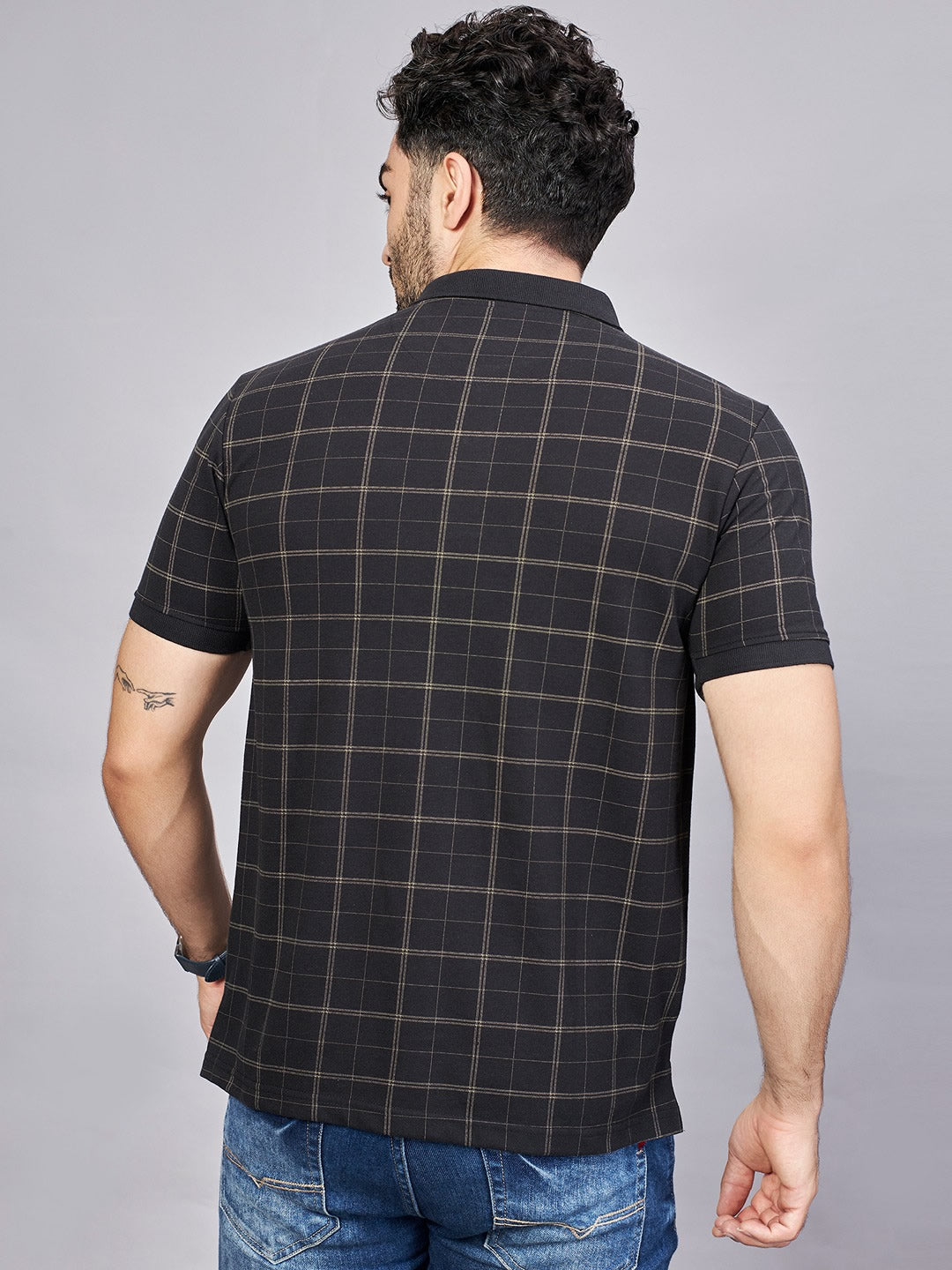 Black All Over Printed Polo Neck T-Shirt