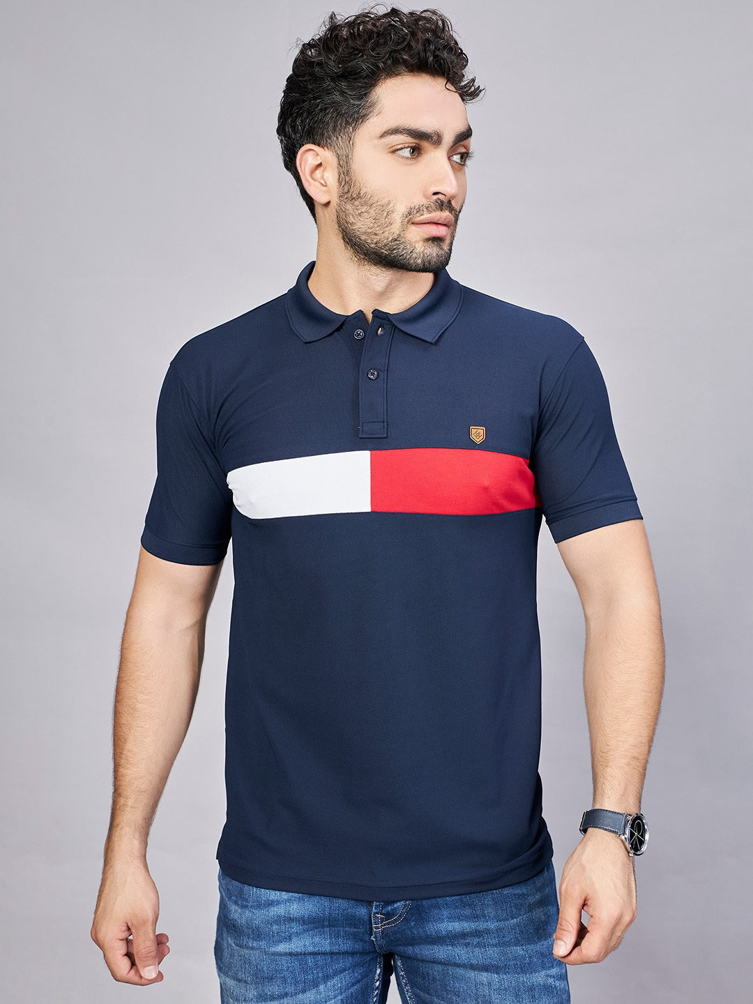 Navy Printed Polo Neck T-Shirt