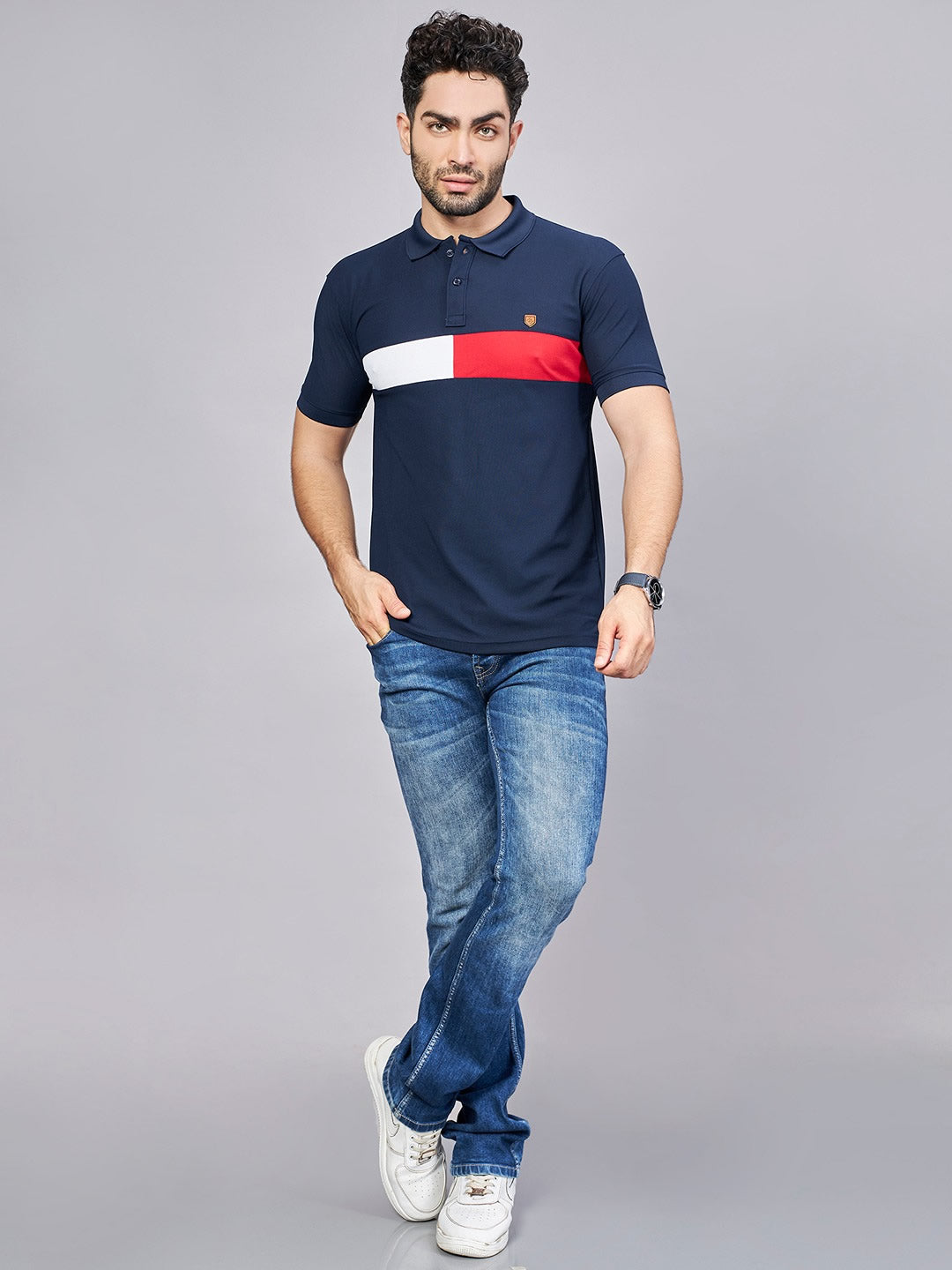 Navy Printed Polo Neck T-Shirt