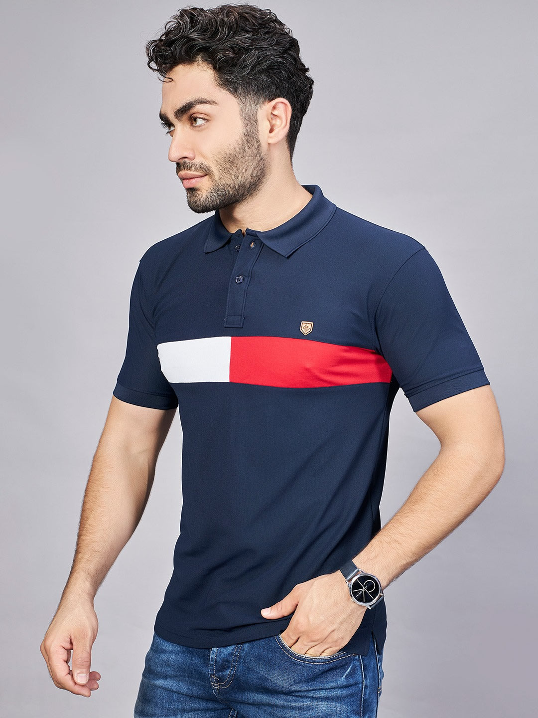 Navy Printed Polo Neck T-Shirt