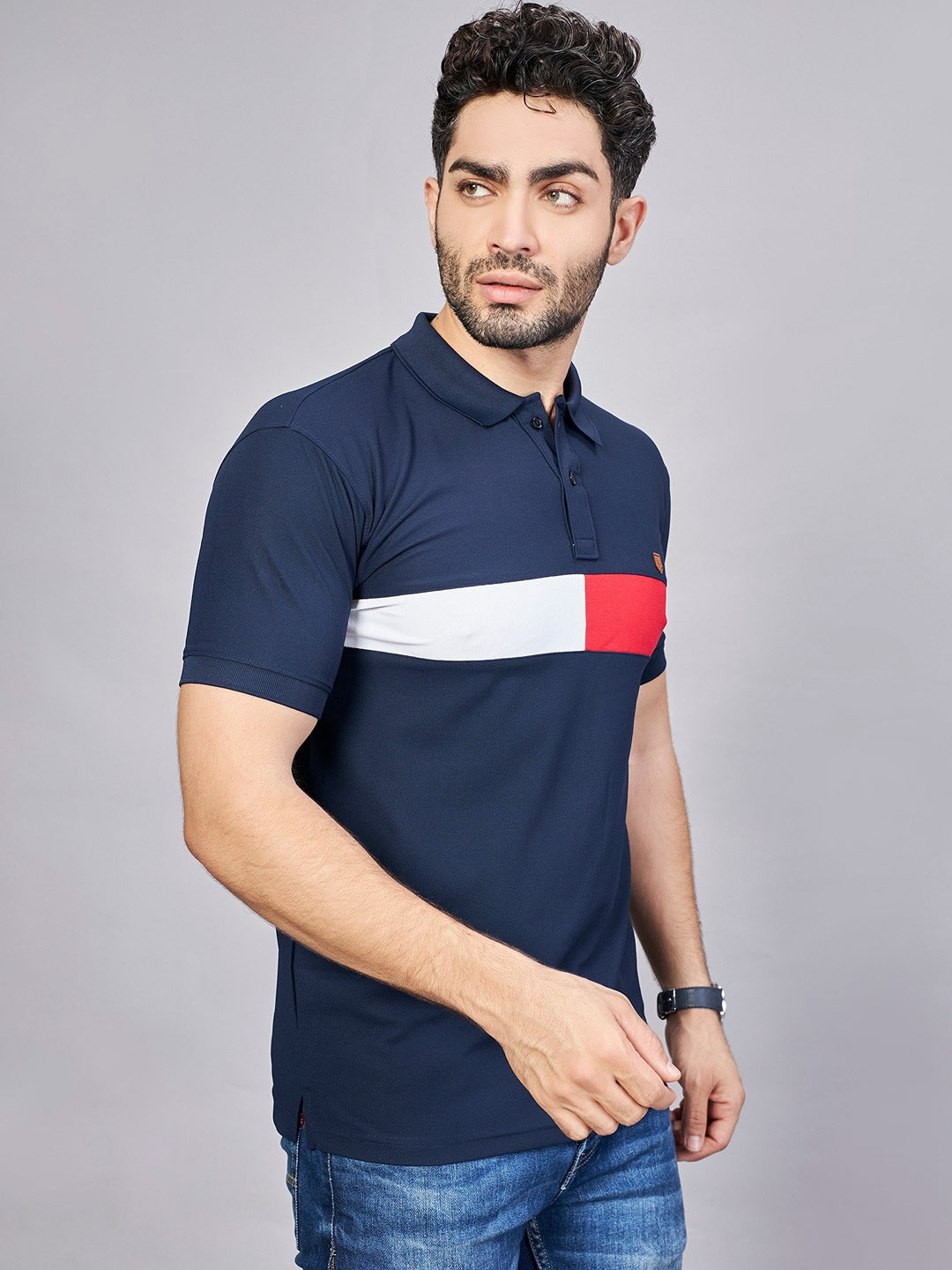 Navy Printed Polo Neck T-Shirt
