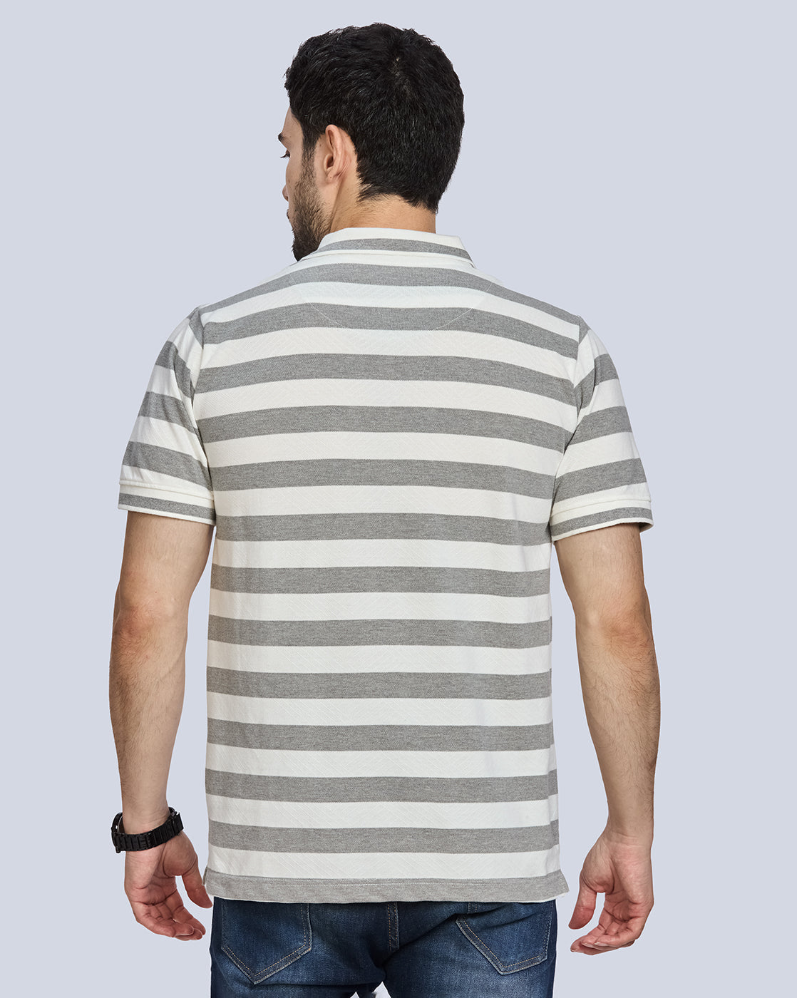 Grey Milange Striped Polo Neck T-Shirt