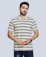 Grey Milange Striped Polo Neck T-Shirt