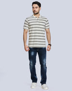 Grey Milange Striped Polo Neck T-Shirt