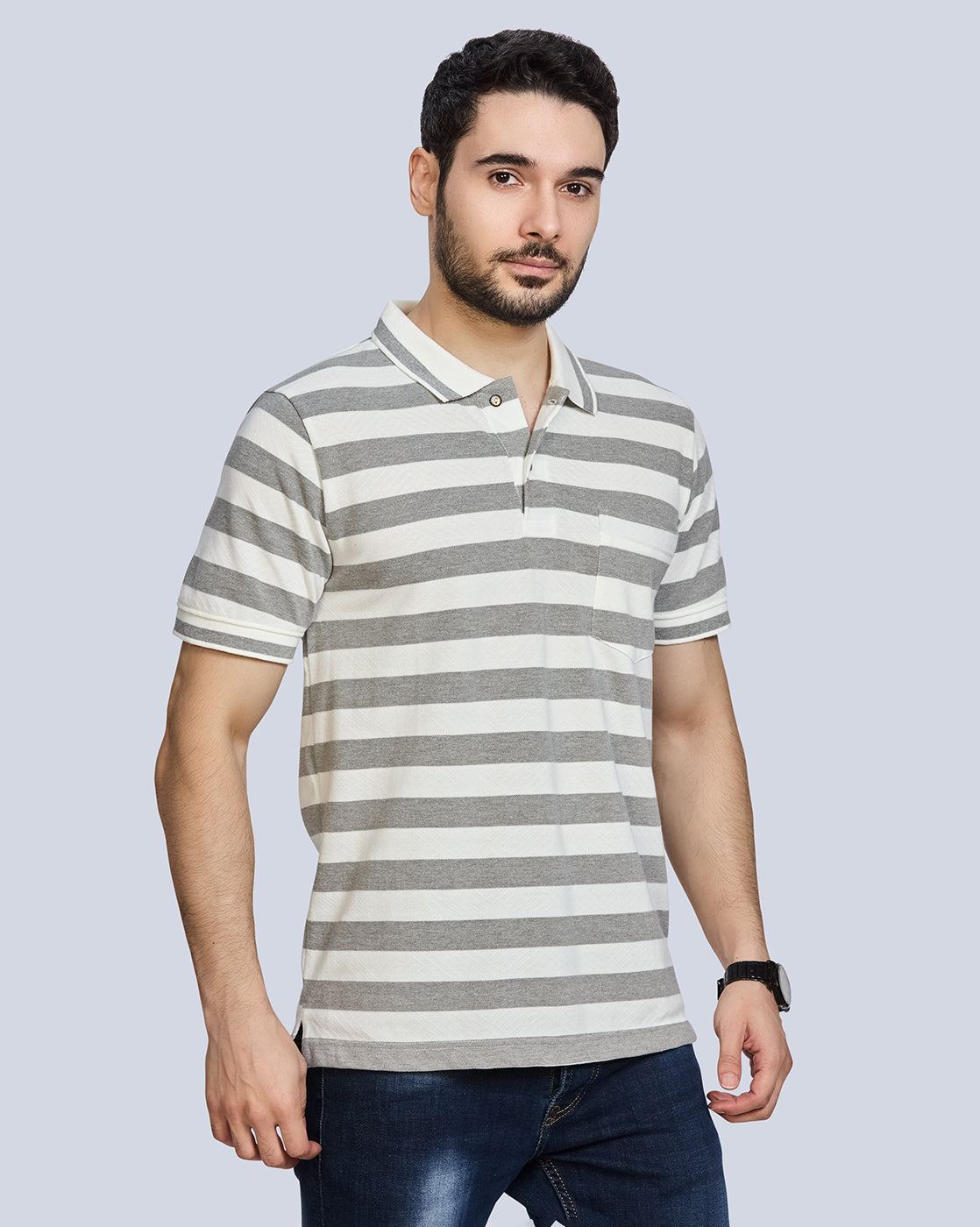 Grey Milange Striped Polo Neck T-Shirt
