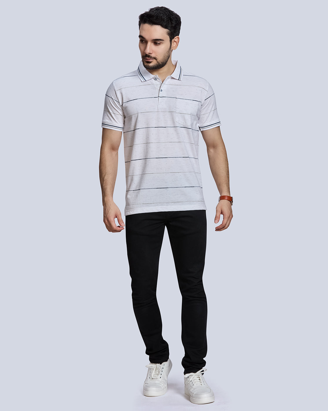 White Striped Polo Neck T-Shirt