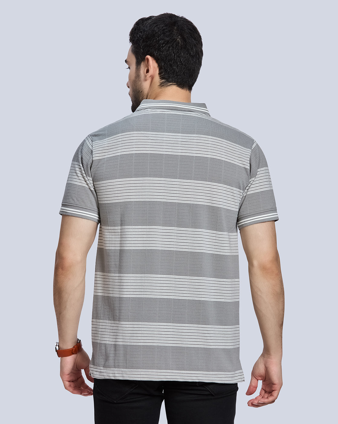 Grey Striped Polo Neck T-Shirt