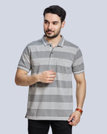 Grey Striped Polo Neck T-Shirt