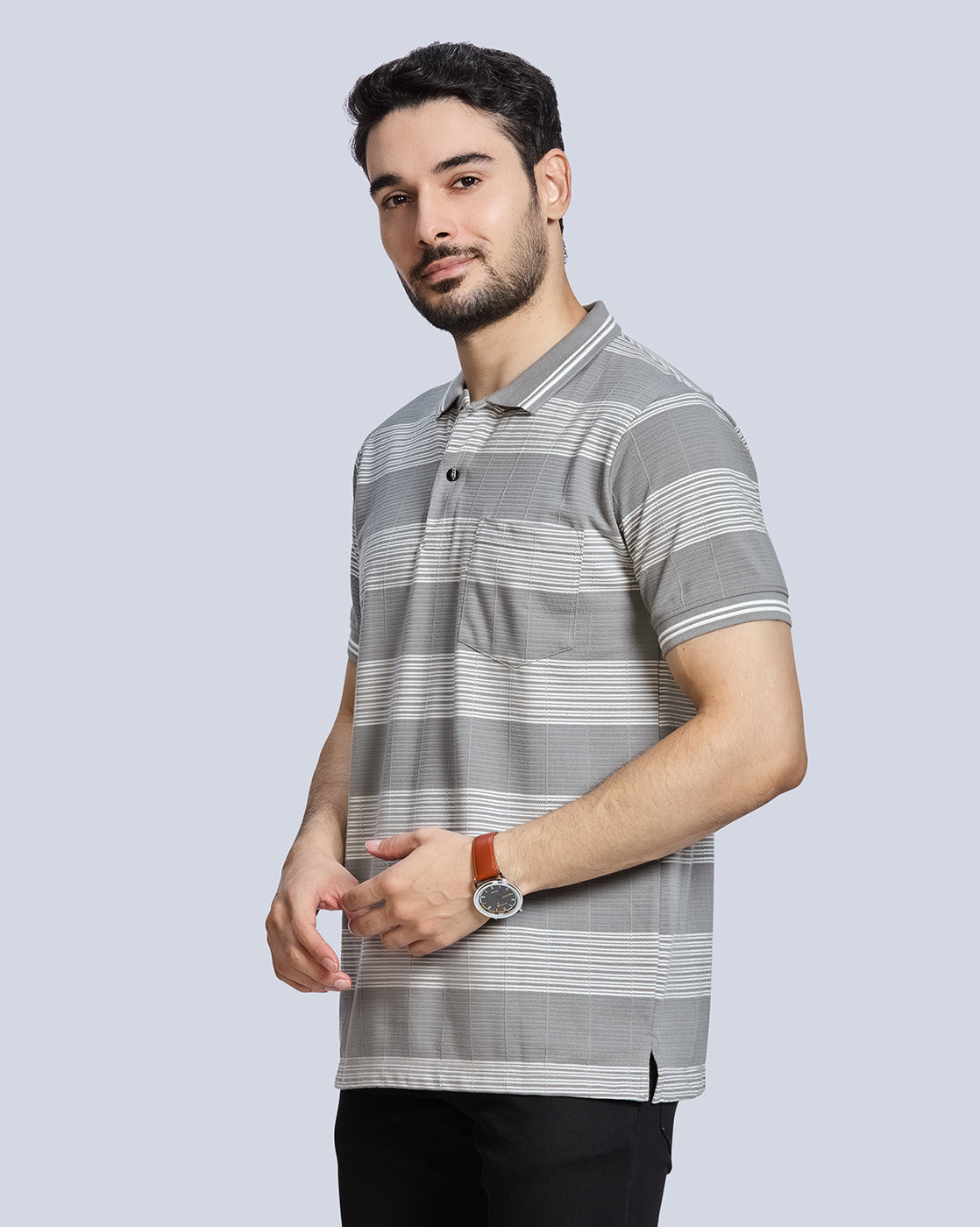 Grey Striped Polo Neck T-Shirt