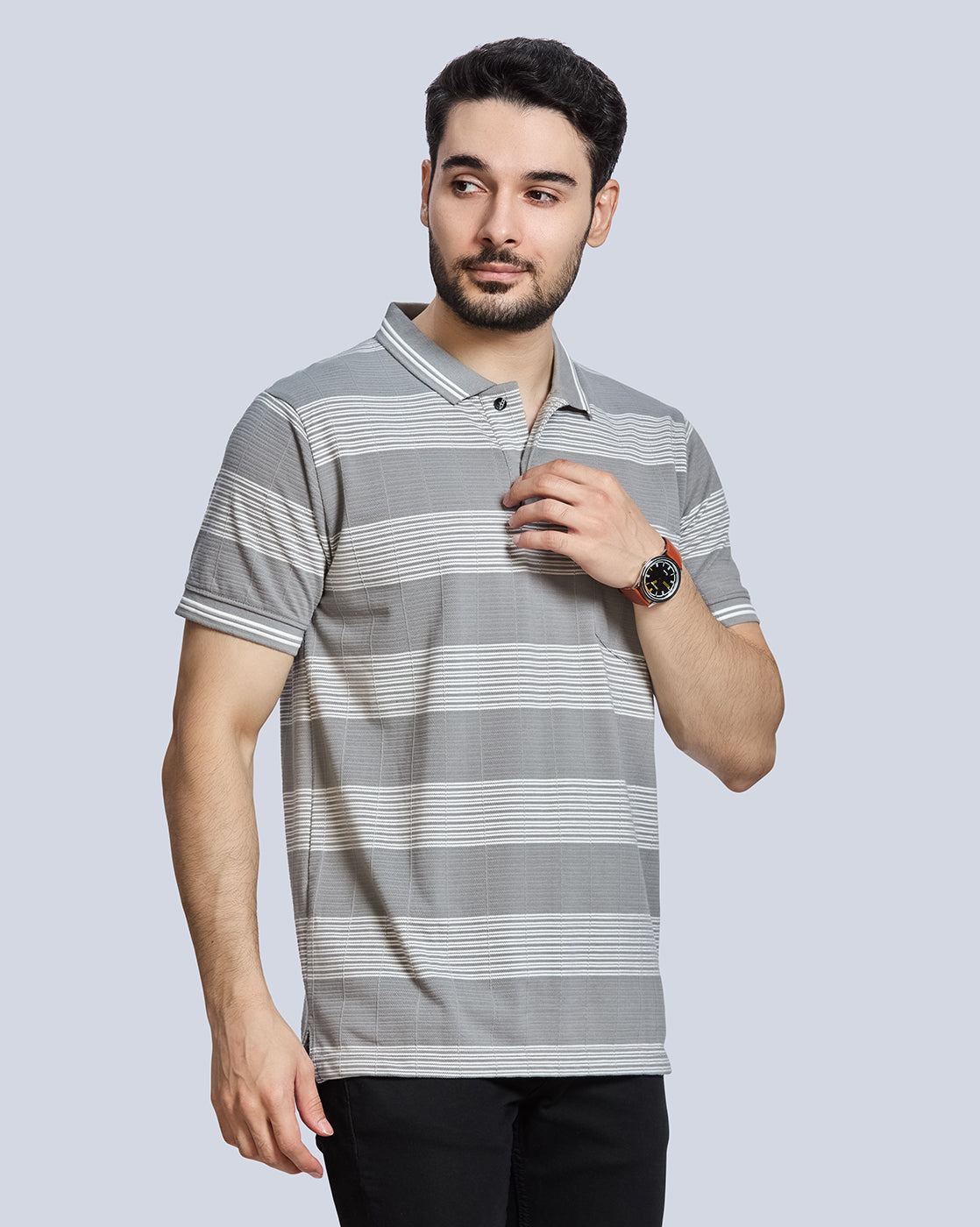 Grey Striped Polo Neck T-Shirt