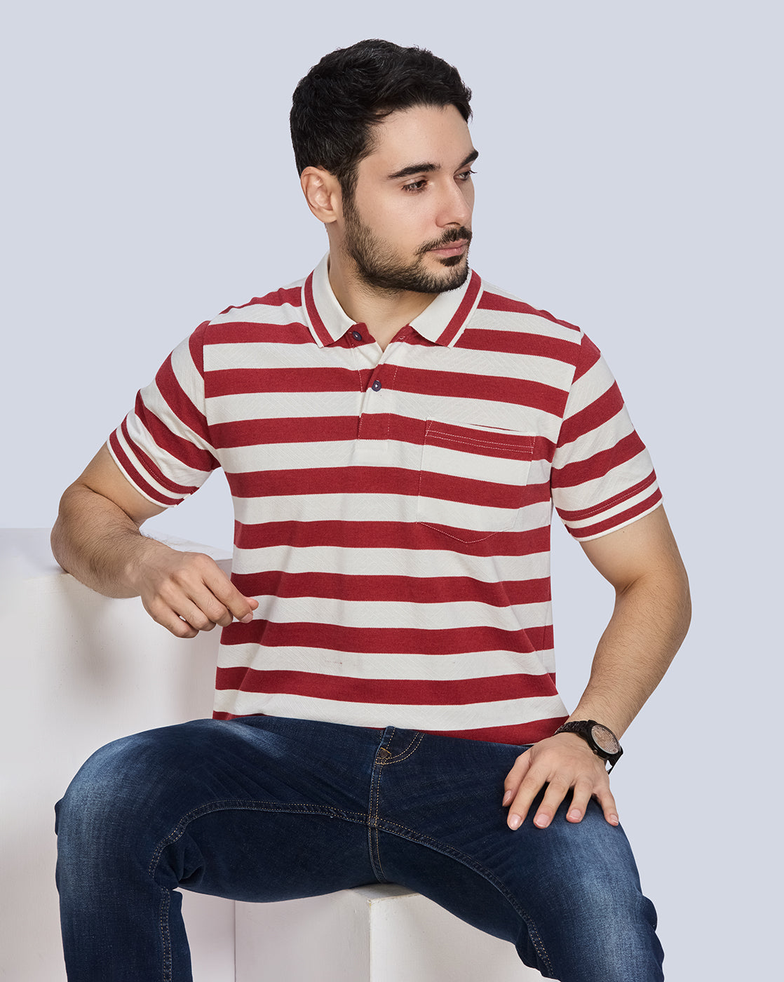 Red Striped Polo Neck T-Shirt