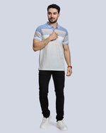 Sky Milange Striped Polo Neck T-Shirt