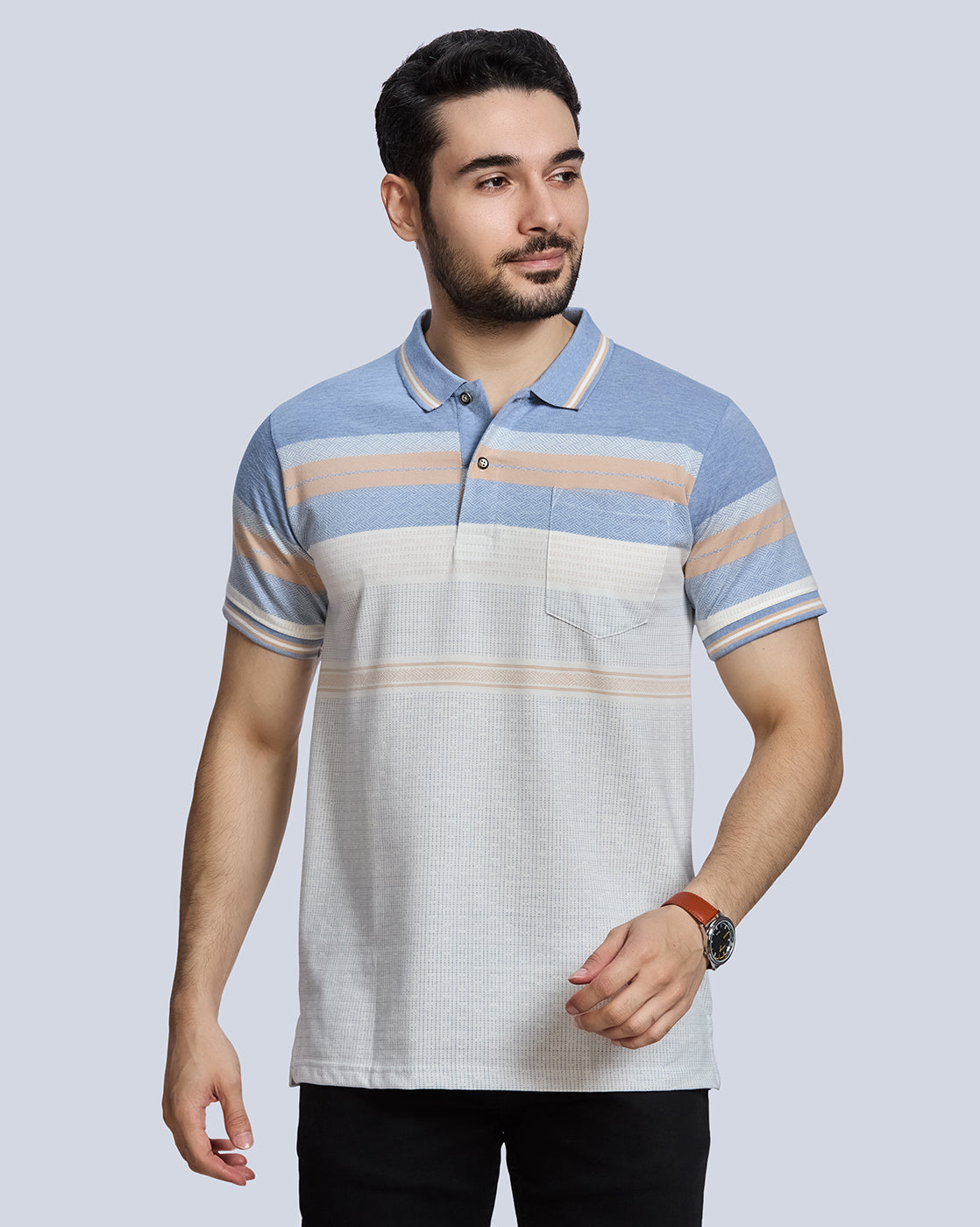 Sky Milange Striped Polo Neck T-Shirt